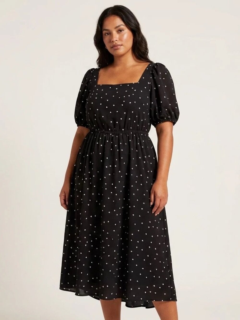 NWOT Cupshe Midi Dress with Puff Sleeves and Mini Heart Polka Dots, Black, Sz M